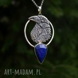 srebrny naszyjnik z krukiem i lapis lazuli (biżuteria z krukiem kruk, srebro)
