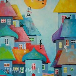 obraz na płótnie - bajkowe miasteczko 40/30 cm abstrakcja, akryl koty, domki