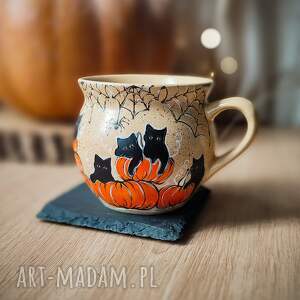 Kubek baryłka koty i dynia podkładka, halloween, dla niej