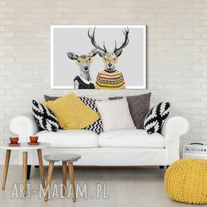 nowoczesny obraz drukowany na płótnie - 120x80 cm para jeleni w zółtych