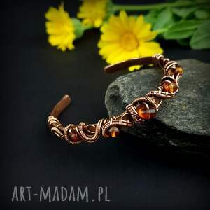 Bransoleta mankietowa z bursztynem - miedź wire wrapping