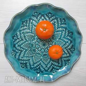 ręcznie zrobione ceramika turkusowa patera z koronką