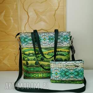 torebka damska shopperka z kosmetyczką miejska na ramę - pejzaż torba