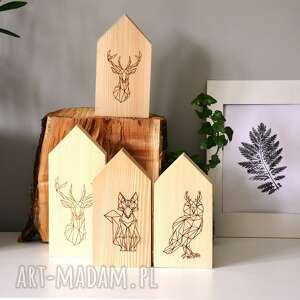 handmade dekoracje 3 x domki z leśnymi zwierzątkami