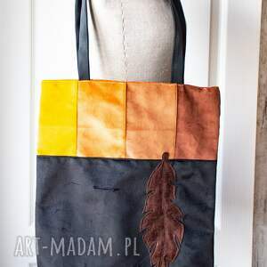 pakowna torba z piórkiem - rudości / czerń torebka zakupy, patchwork ramię
