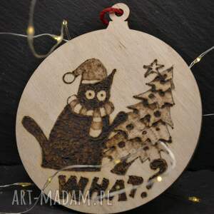 prezent pod choinkę Drewniane wypalane ręcznie bombki - kot 2