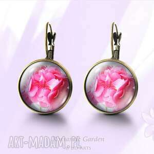 kolczyki - różowa pelargonia antyczny brąz kwiaty, szklane, romantyczne