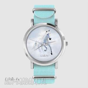 liliarts zegarek, bransoletka - biały koń biegnący niebieski, nato grafika