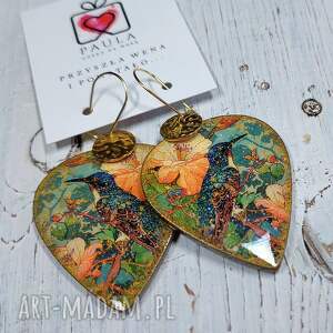 kolczyki decoupage, vintage, stal chirurgiczna ptak, kwiaty, wyjątkowy