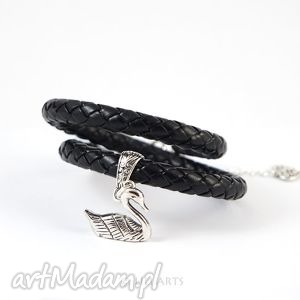 handmade bransoletka - czarny łabędź - black swan - rzemień pleciony