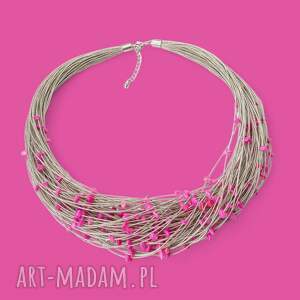 naszyjnik z lnu z różową masą perłową, len z kamieniami, masa