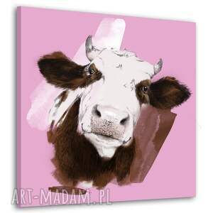 obraz drukowany na płótnie łaciata krowa na różowym tle 80x80cm