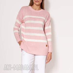 dzianinowa bluza - swe297 róż/ecru mkm, sweter w paski różowy