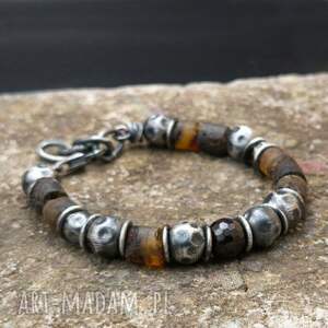 bursztyny i granat, bransoletka z bursztynem bransoleta męska, oksydowane