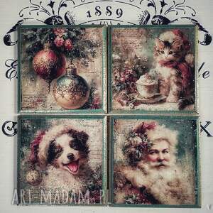 świąteczne podkładki vintage decoupage, shabby chic, kot