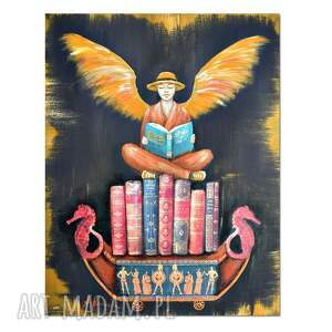 anioł bibliofil 11, oryginalny obraz ręcznie malowany, collage