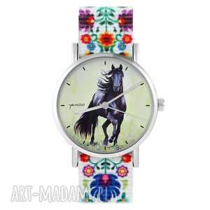handmade zegarki zegarek - czarny koń 2 - folk biały, nato