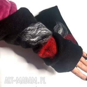 handmade rękawiczki mitenki w kolorze czarnym filcowane wełna merynosów - na podszewce