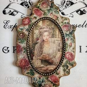 Dekoracyjny medalion z damą i różami decoupage, shabby chic, róże
