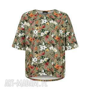 bluzka t-shirt beżowo zielone kwiaty na lato
