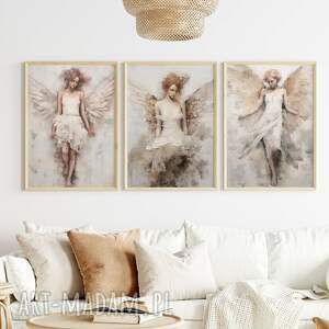 zestaw plakatów - 40x50 cm x3 tryptyk aniołów set51, plakaty z aniołami, beżowe