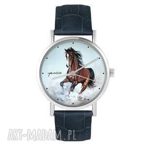 zegarki zegarek - brązowy koń skórzany, granatowy, zegarek, pasek