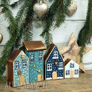 zestaw domków do świątecznych dekoracji - granat, turkus, błękit małe domki