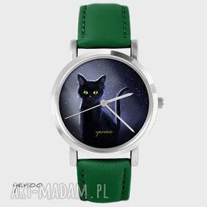 handmade zegarki zegarek - czarny kot, noc skórzany, zielony