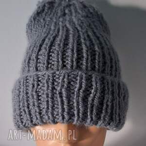 czapka handmade z pomponem - szara szaroniebieska, żelazna, wykonana