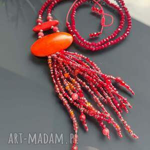 Naszyjnik Długi Sznur Czerwonych Korali Z Frędzlami