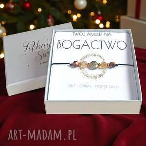 Amulet BOGACTWO - świąteczne pudełko. Piryt, Cytryn i Tygrysie Oko (bransoletka regulowana)