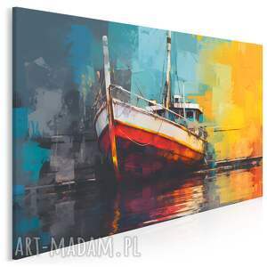 Obraz do salonu Kolorowa Łódź Rybacka nad wodą - abstrakcyjny port 70x50 cm na płótnie (112001)