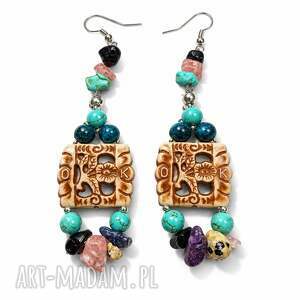Kolorowe kolczyki boho handmade z ceramicznym elementem