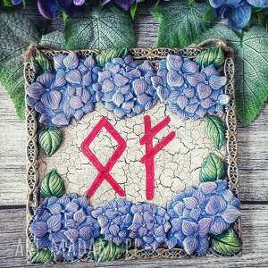 dekoracyjny obrazek talizman decoupage z runami, runy, hortensje vintage