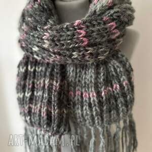 Szal wełniany szary melanż ręcznie robiony z frędzlami handmade