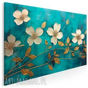 obraz do salonu - złote kwiaty na turkusowym tle 70x50 cm 103001, turkusowe