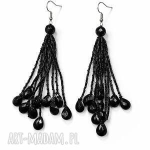 kolczyki frędzle czarne z łezkami, kolorowa bizuteria unikat lato