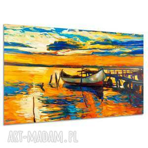 Obraz łódź na jeziorze 120x80 cm - zachód słońca