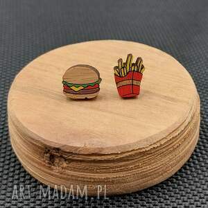 kolczyki drewniane hamburger i frytki, fastfood fast food, śmieszne