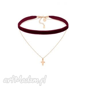 handmade naszyjniki bordowy aksamitny choker z łańcuszkiem zdobionym