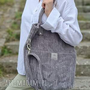 Sztruksowa torebka z kieszeniami Szara, shopperka, shopper bag