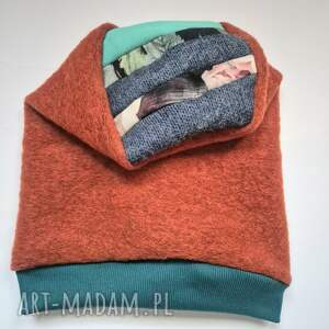 ciepła czapka pomarańczowo - turkusowa góra patchworkowa na podszewce rękodzieło