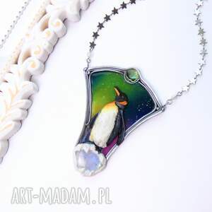 naszyjnik pingwin i zorza z kamieniem księżycowym noc, zima, przyroda