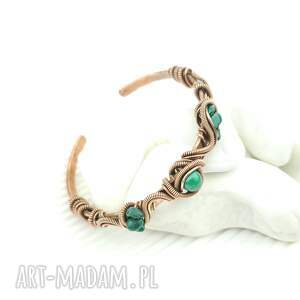 Miedziana bransoleta mankietowa z malachitem handmade