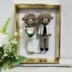 młoda para misie w złotej ramce ręcznie robione prezent ślubny obraz, pamiątka