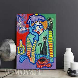 świąteczny prezent, obraz olejny dama z kotami obrazy olejne, babcia pieskiem