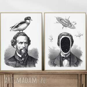 zestaw biało-czarnych plakatów - format 50x70 cm człowiek kosmos ptak, plakat