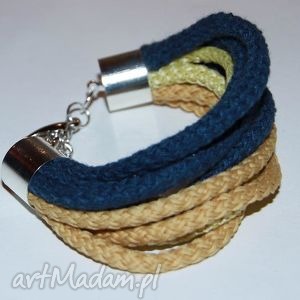 żółto - beżowo niebieska bransoletka ze sznurków bawełnianych i poliestrowych