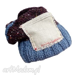 handmade czapki ciepła czapka brązowo - niebieska