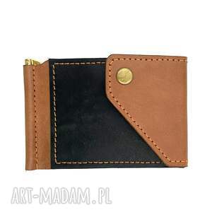 Brązowo czarny portfel na klips ręcznie uszyty ze skóry garbowanej